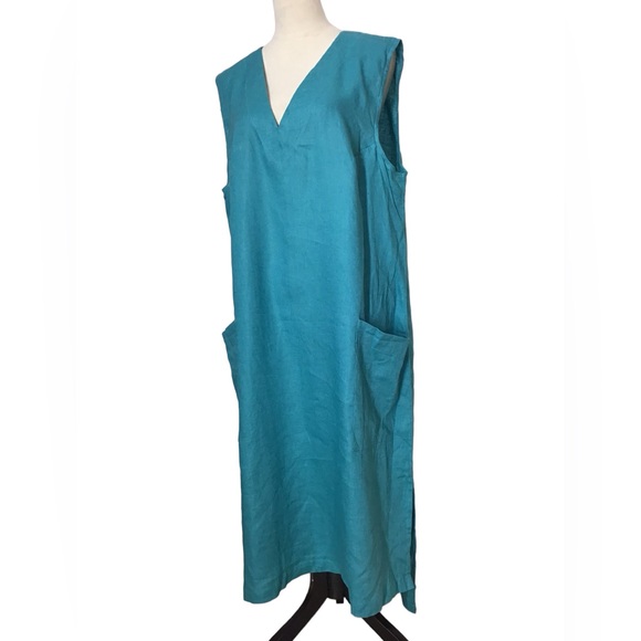 Mondo Bellisimo Handmade Teal Blue Linen V Neck Midi Sleeveless Shift Dress NWOT - Picture 3 of 9